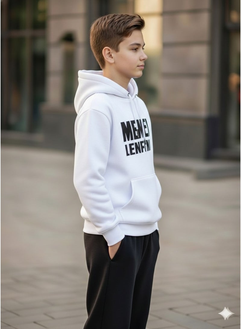 هودي أولادي أبيض بطباعة ترندي بتصميم مريح وعملي للارتداء اليومي سويت شيرت أولادي بكابيشو واسع لإطلالة كاجوال مريحة كود 4031 - Image 4